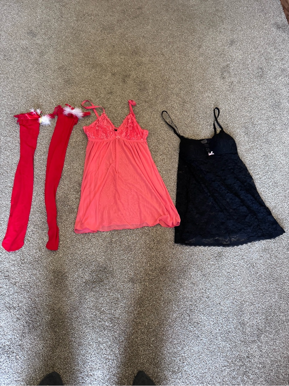 Pink Lace Babydoll Chemise with Red Thigh-Highs